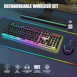 RedThunder Combo de teclado y mouse inalámbricos para juegos K10, batería recargable retroiluminada LED de 3800 mAh, teclado mecánico antighosting + ratones 7D de 3200 DPI para PC Gamer (negro)