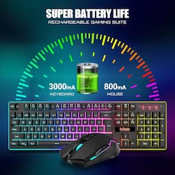 RedThunder Combo de teclado y mouse inalámbricos para juegos K10, batería recargable retroiluminada LED de 3800 mAh, teclado mecánico antighosting + ratones 7D de 3200 DPI para PC Gamer (negro)
