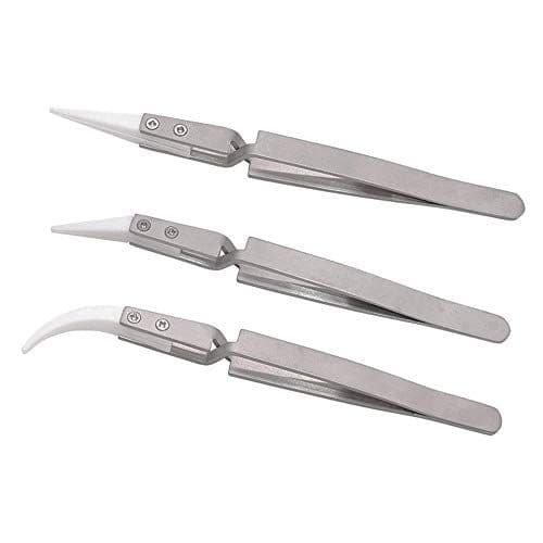 3pcs Precision Reverse Ceramic Stainless Steel Tweezers Non-Conductive, Anti-Magnetic Pointed & Curved Tips Tweezers Set Cross Lock Soldering Tool